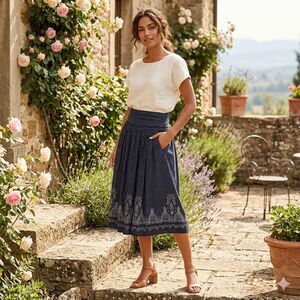 Cathay Vintage Midi Skirt Blue XS Ditsy Print Lined Printed